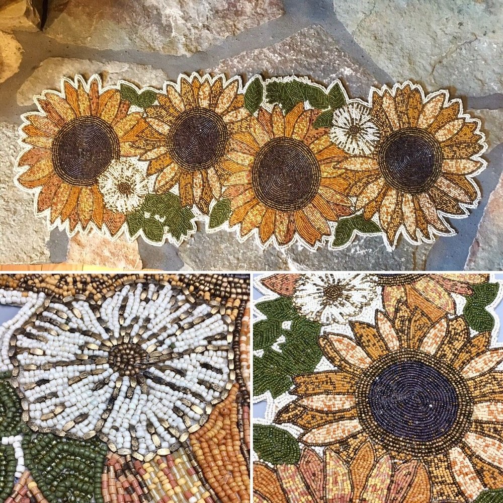 Tahari Beaded Golden Sunflower Table Runner Centerpiece Designer Fall Decor